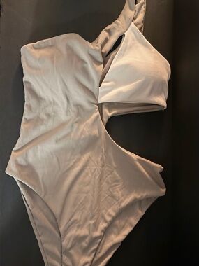 One-Shoulder Cutout Ribbed Swimsuit in Light Taupe